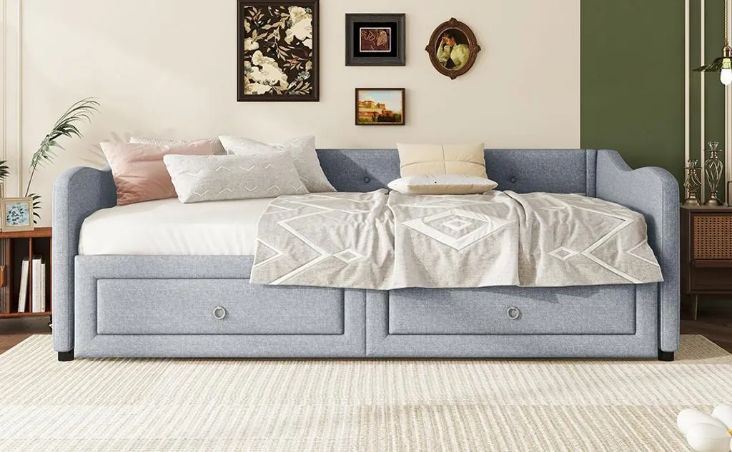 Lit Gigogne 90x200cm Tissu Gris 2 Tiroirs pour Gain de Place Malin