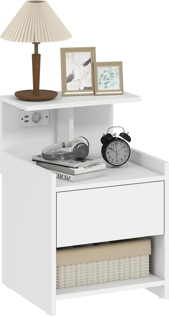 Commode de nuit blanche avec prise USB et rangement ouvert style moderne