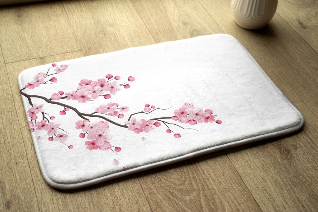 Badteppich Saugfähige - Badezimmer Teppich - Rutschfester Badvorleger Badematte - 90x60 cm - Japanische Kirschblüten