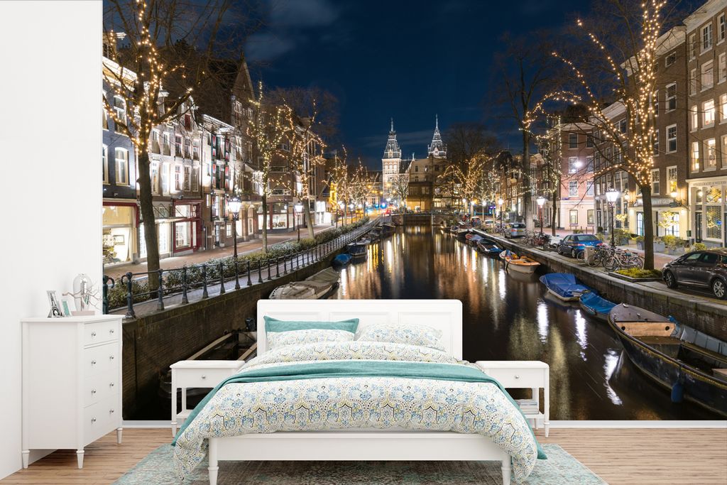 MuchoWow Fototapete für Wohnzimmer oder Schlafzimmer Wandtapete Vinyl Motivtapete Das Rijksmuseum hinter der Spiegelgracht in Amsterdam - 360x24...