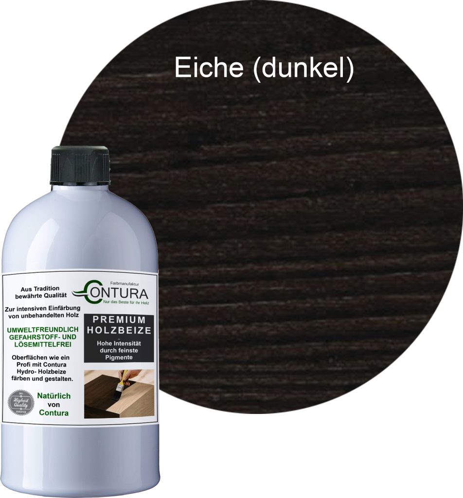 A bottle of wood stain is shown next to a sample of stained wood.