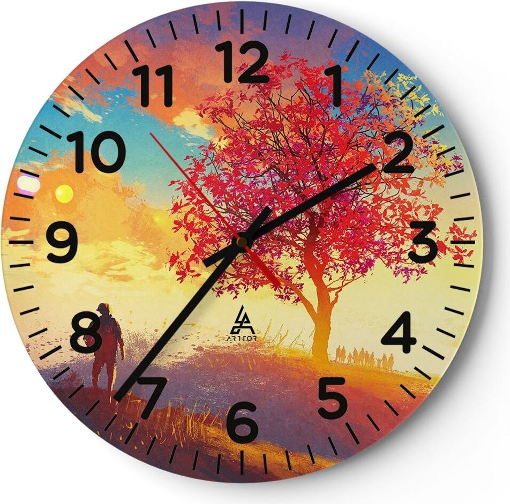 Wanduhr - Rund - Glasuhr - Baum Wiese Feld - 40x40cm - Produktbild 