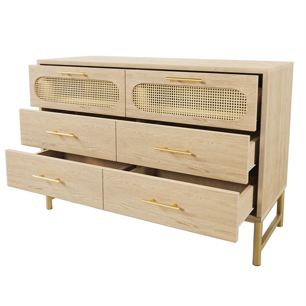 Rattan kommode Sideboard mit 6 Schubladen,komodenschrank,Schminktisch,Metallgriffe,Kippschutz, 120 x 40 x 74 cm, Sonoma Eiche