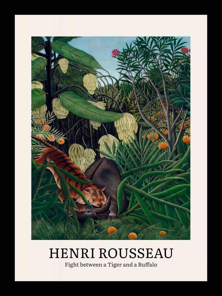 Poster 13x18cm Design Tiger und Wasserbüffel, Rousseau Vintage für das Wohnzimmer