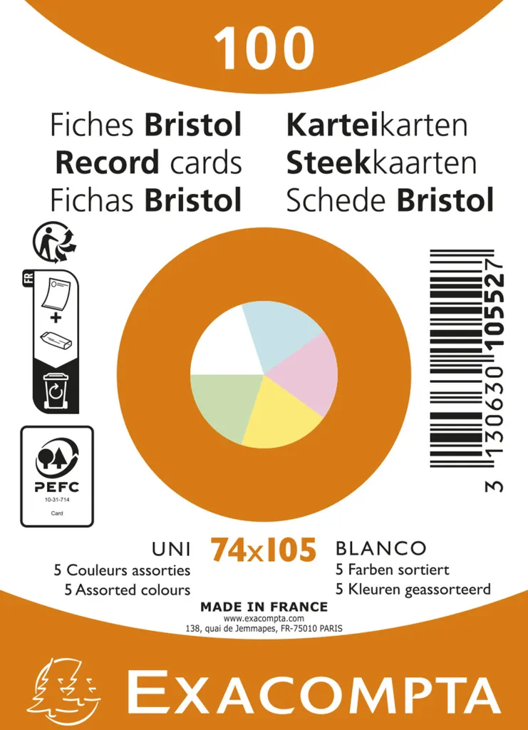 Fiches Bristol Exacompta 74x105mm unies non perforées 10552E