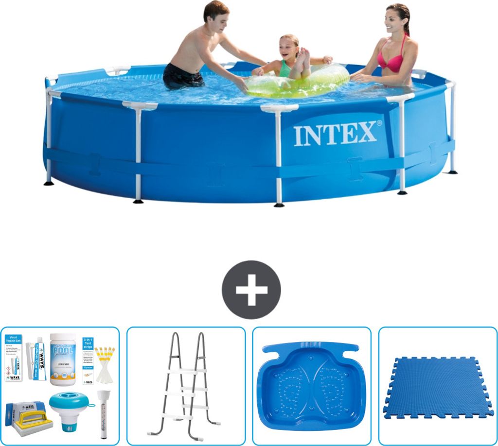 Intex-Schwimmbecken mit rundem Rahmen – 305 x 76 cm – Blau – im Lieferumfang enthalten Wartungspaket - Leiter - Fußbad - Bodenfliesen