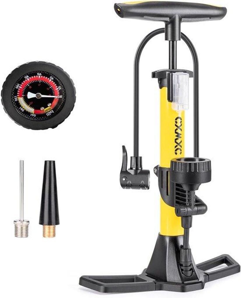 Komfortable Fahrradpumpe mit Prüfzylinder - Universal für alle Ventile - Überwachbare Druckpumpe - Leuchtendes Gelb