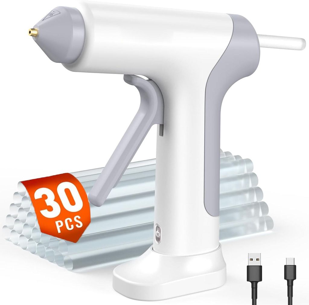 Elektronische Heißklebepistole, leicht, tragbar, auslaufsicher, 7mm Klebesticks, 2000mAh Akku, inkl. 30 Klebesticks, Heißklebepistole kabellos