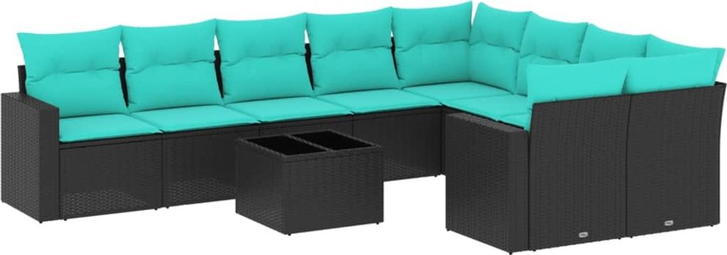 vidaXL 10-tlg. Garten-Sofagarnitur mit Kissen Schwarz Poly Rattan
