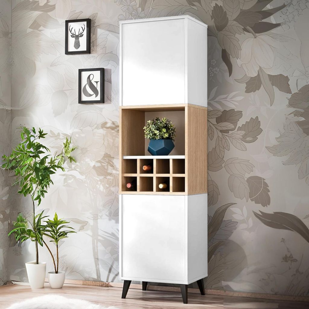 Schrank Fondi mit Weinfass – 2-türig, skandinavischer Stil, weiß-holz, 173x35x46 cm