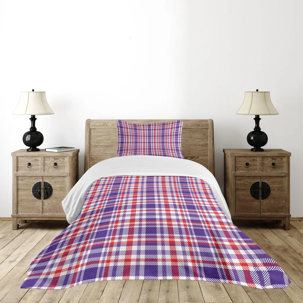 Set copriletto ABAKUHAUS a quadri scozzesi, motivo geometrico a quadri continuo che riassume il classico motivo folk scozzese, 170 x 220 cm, rosso cinabro e bianco quarzo