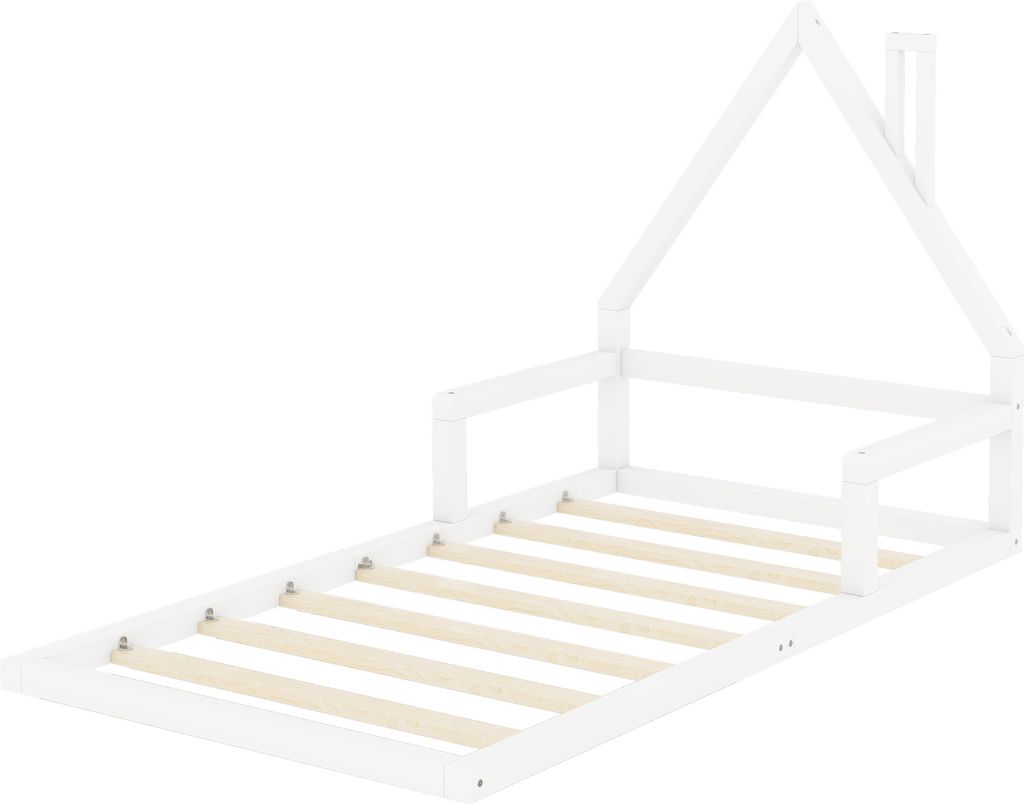 Kinderbett 90x200cm Flachbett (ohne Matratze) Holzbett Weiß Kiefernholz Einzelbett Hausbett Massivholzbett Einfacher Stil