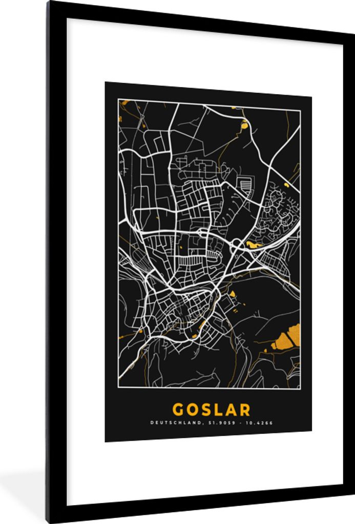 MuchoWow Gerahmtes Poster Stadtplan - Deutschland - Gold - Karte 60x90 cm - Poster mit Schwarzem Bilderrahmen Wandposter Rahmen Foto Bilder - Dek...
