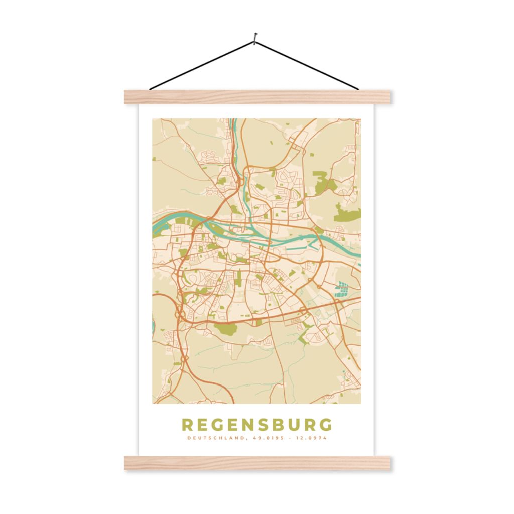 MuchoWow Textilposter Regensburg - Karte - Vintage - Stadtplan 60x90 cm mit holzfarbenen Rahmen - Textil