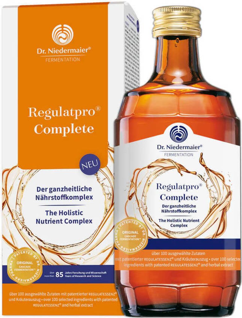 A product shot of a bottle of Dr. Niedermaier Regulatpro Complete next to its packaging.