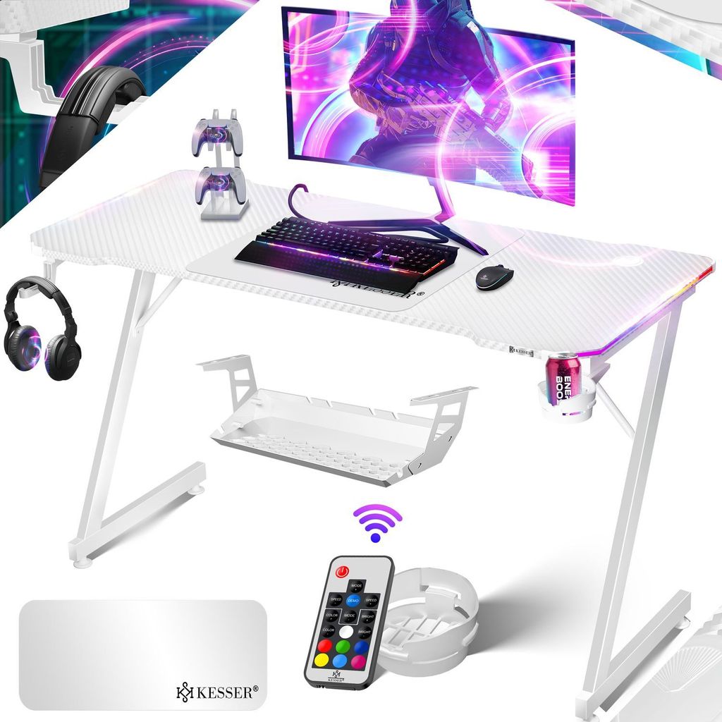 KESSER Gaming Tisch LED | Z-Form Gamer Schreibtisch | Kopfhörerhaken & Kohlebeschichtung | Ergonomischer PC Computertisch | Stabiler Tisch mit M...