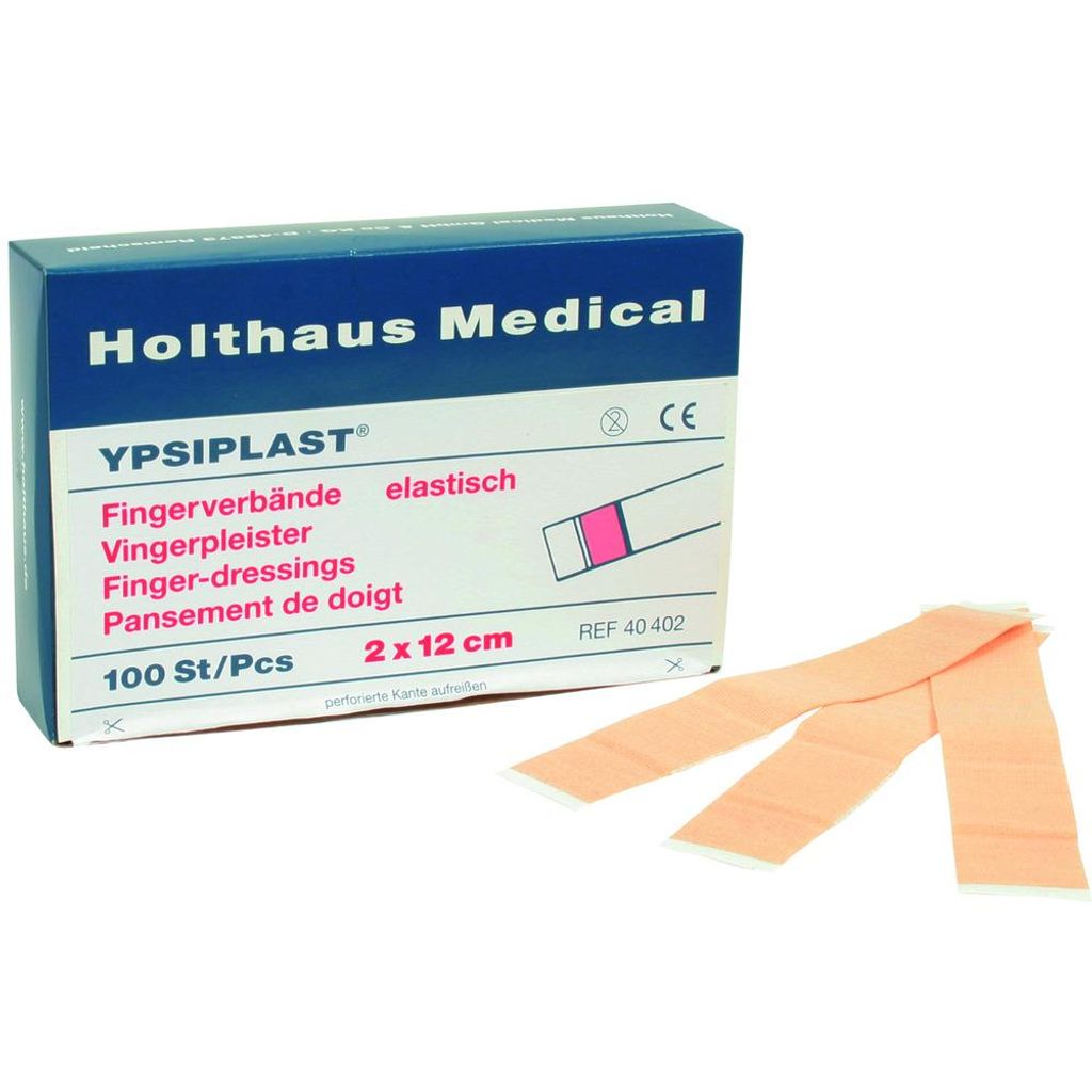 A box of Holthaus Medical YPSIPLAST finger dressings and two loose finger dressings are shown against a white background.