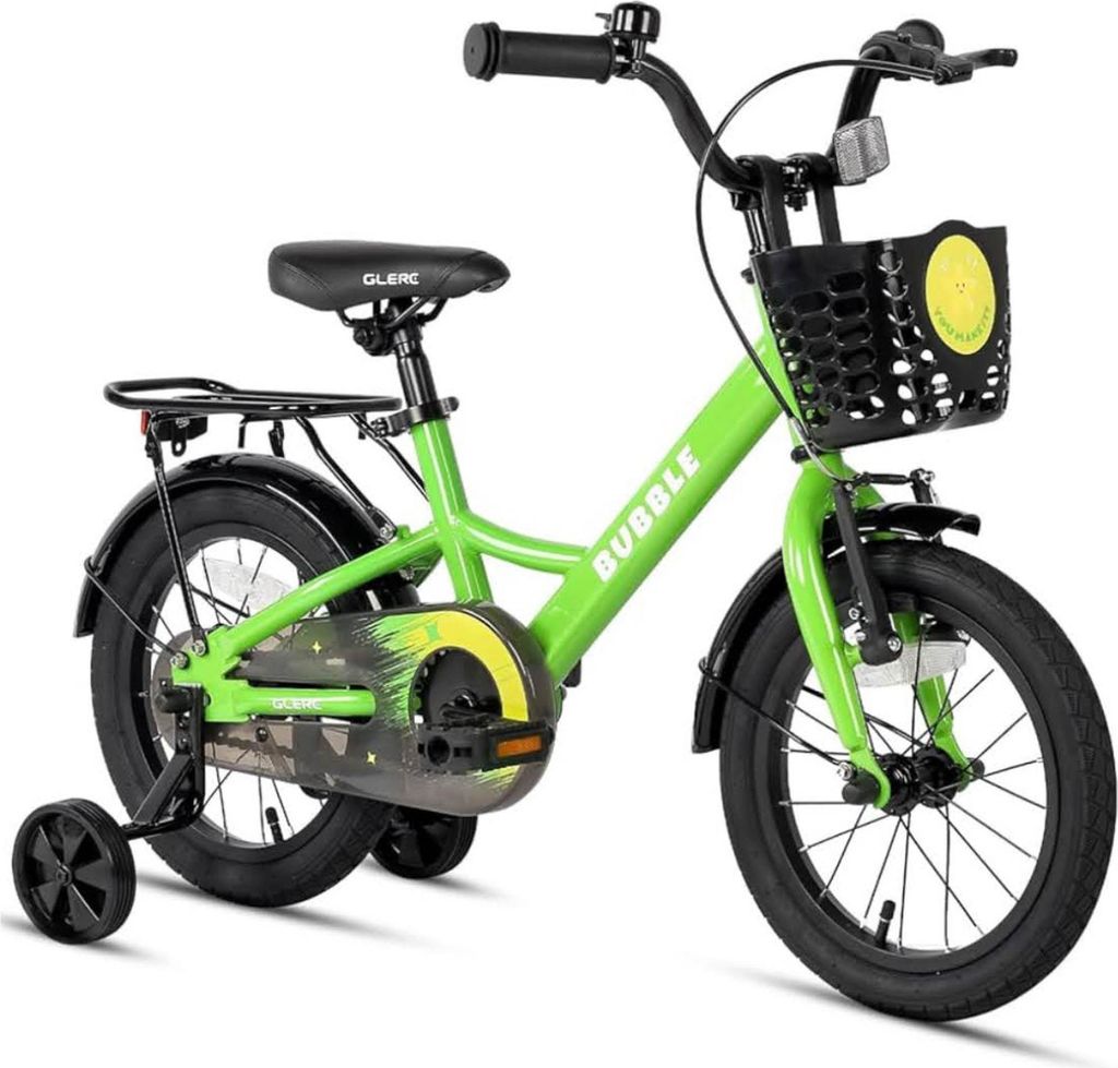 Glerc Bubble 16 Zoll Kinderfahrrad, für 5-8 Jahre, grün, mit Korbstabilisatoren und Gepäckträger, ideal für Jungen und Mädchen.