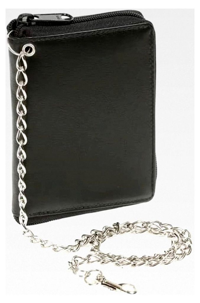 Reißverschlussbörse mit RFID-Schutzfolie und Chrom-Kette aus Echtleder, schwarz