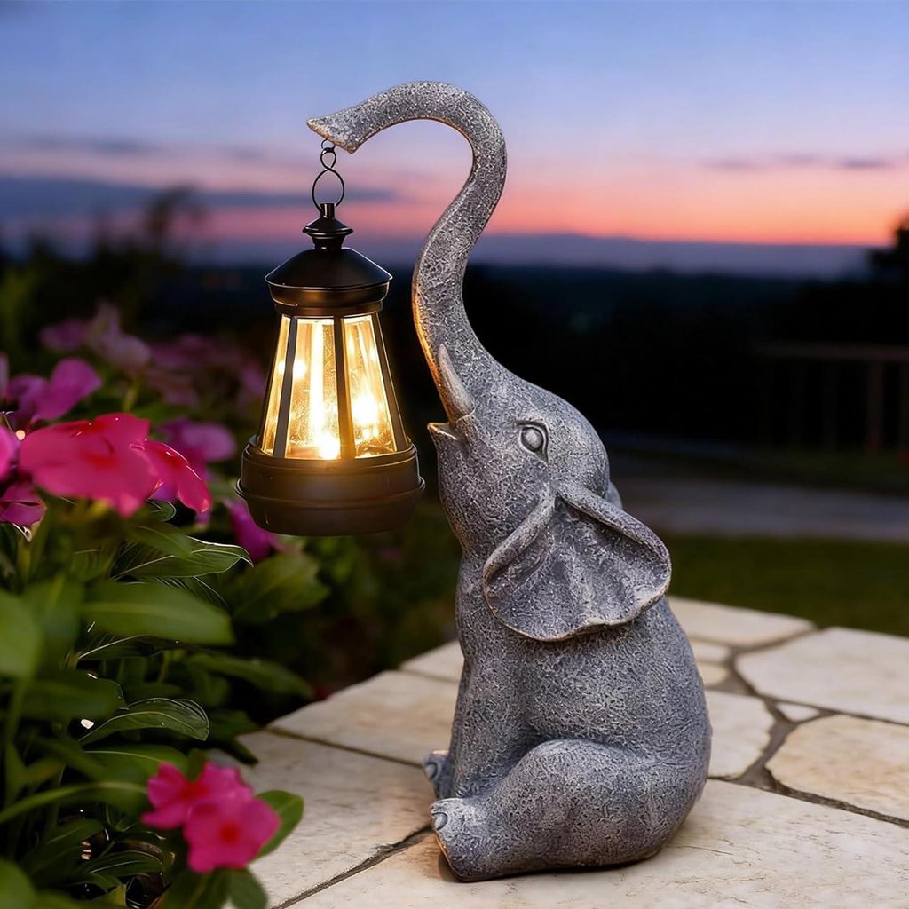 Elefanten-Dekoration mit Solarlaterne, Gartenfigur – für die Gartendekoration im Freien mit wetterfester LED-Solarlampe für Balkon und Garten, ...