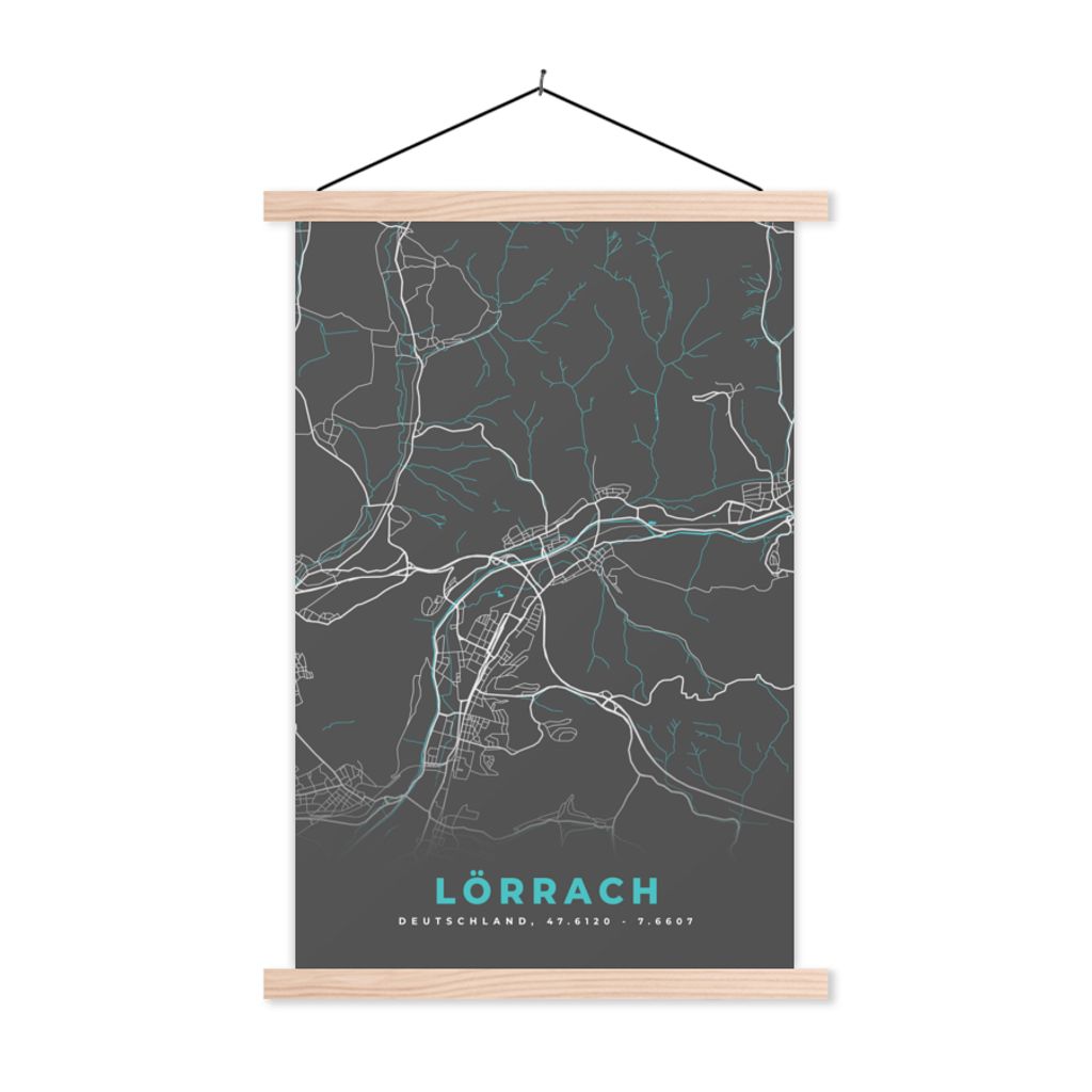 MuchoWow Textilposter Deutschland - Blau - Lörrach - Stadtplan - Karte 40x60 cm mit holzfarbenen Rahmen - Poster