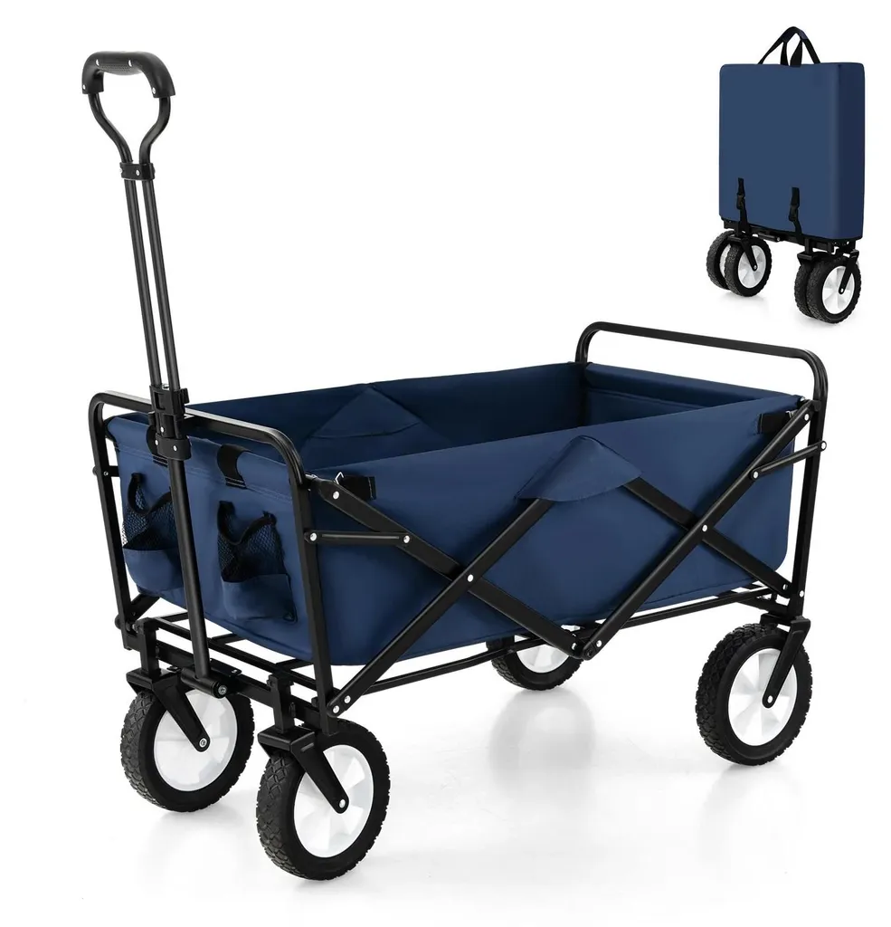 Chariot de jardin pliable bleu avec poignée réglable et charge 68 kg