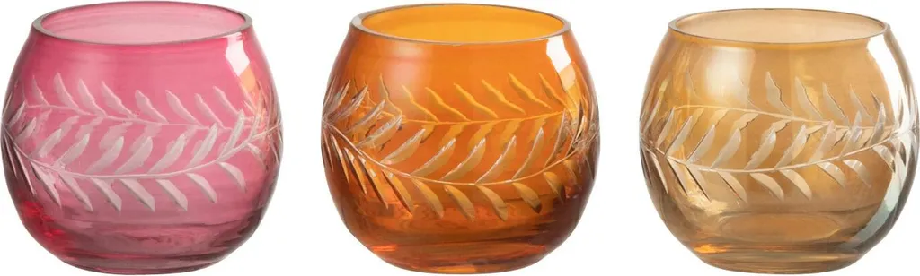 J-Line Porte-bougies à réchaud Feuilles Rondes en Verre - Set de 3 Pièces