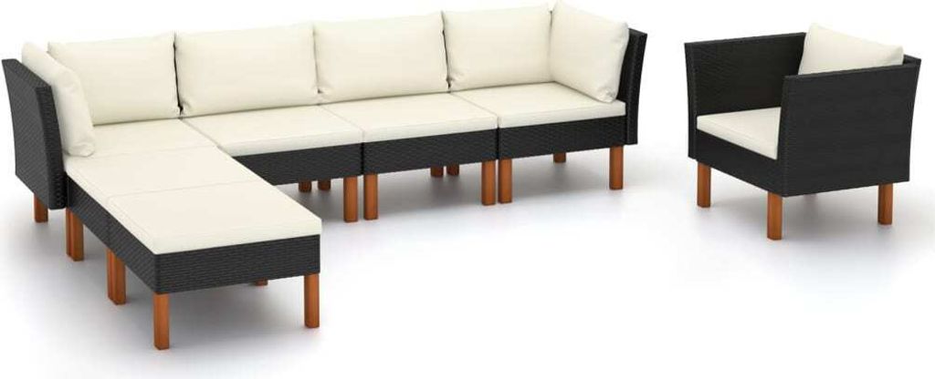 The Living Store 7-tlg. Garten-Lounge-Set Poly Rattan Eukalyptusholz Schwarz