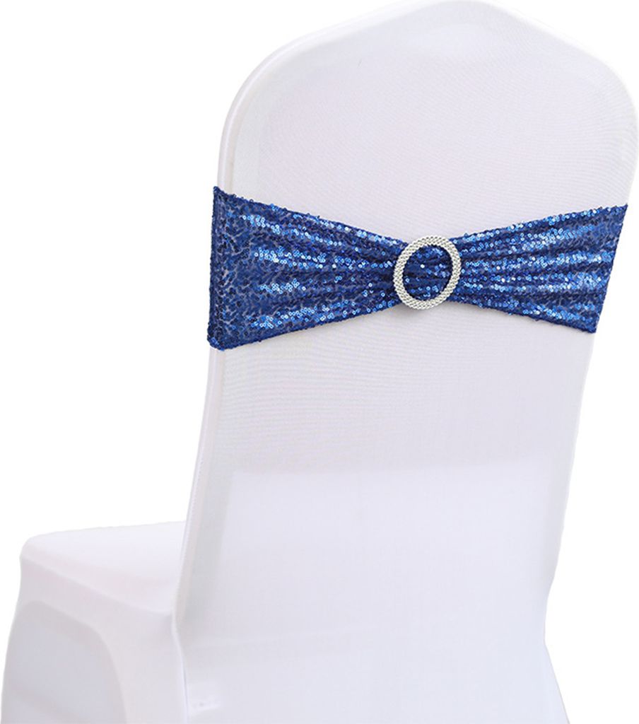 Stuhlhusse, auffällige Elastizität, exquisite Stuhllehne, Schleife, Pailletten, Bandage, Party-Dekoration, Königsblau