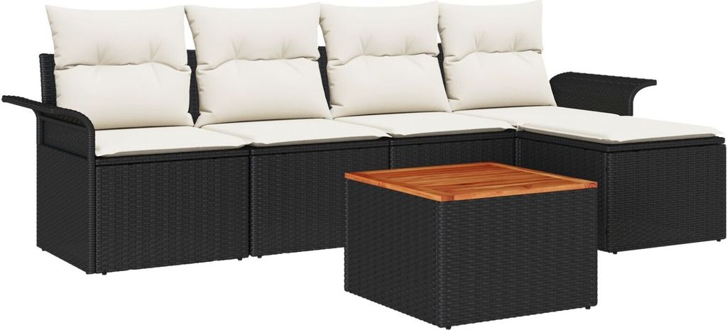 Möbel 6-teiliges Garten Sofa Set mit Kissen Schwarz Poly Rattan Akazie, 2-Sitzer Garten Sofa mit Stauraum & Kissen Schwarz Poly Rattan - Gartensof...