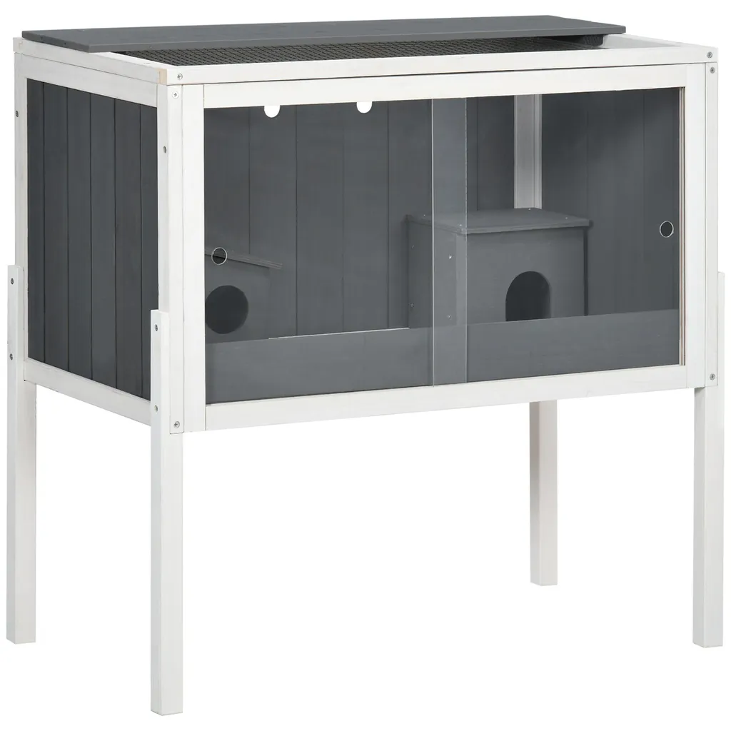 Cage pour hamsters en bois gris avec doubles portes acrylique 82cm