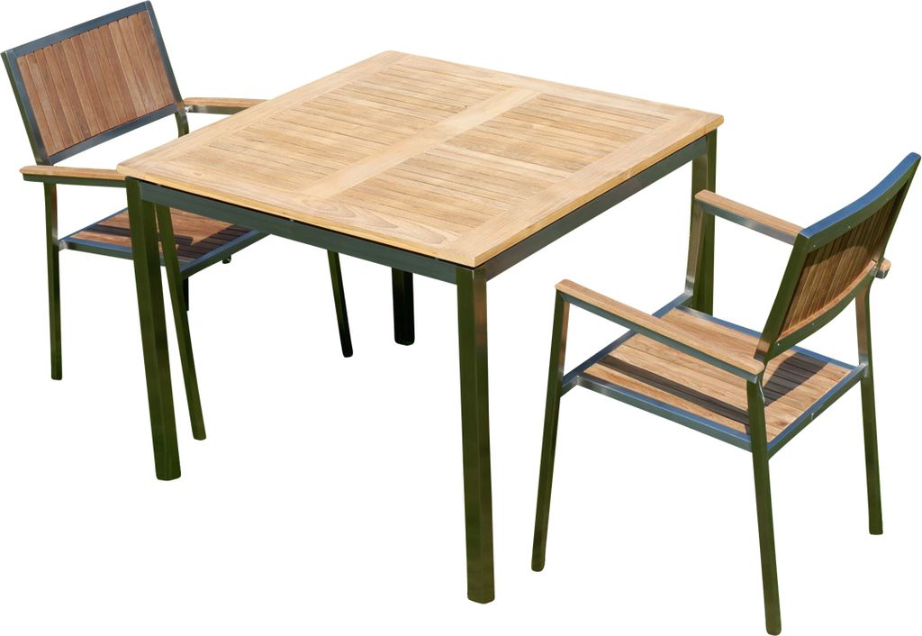 ALEOS. Gartengarnitur Edelstahl Teak Set Tisch 90x90 cm + 2 Teak Sessel A-Grade Teak Holz Serie KUBA Gastroqualität