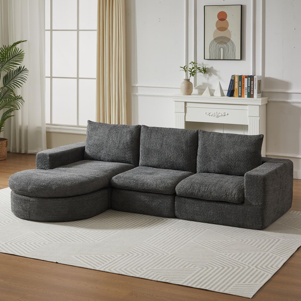 Modulares Chenille-Sofa mit Liegestuhl, Grau, kompaktes Schaumstoffsofa ohne Gestell