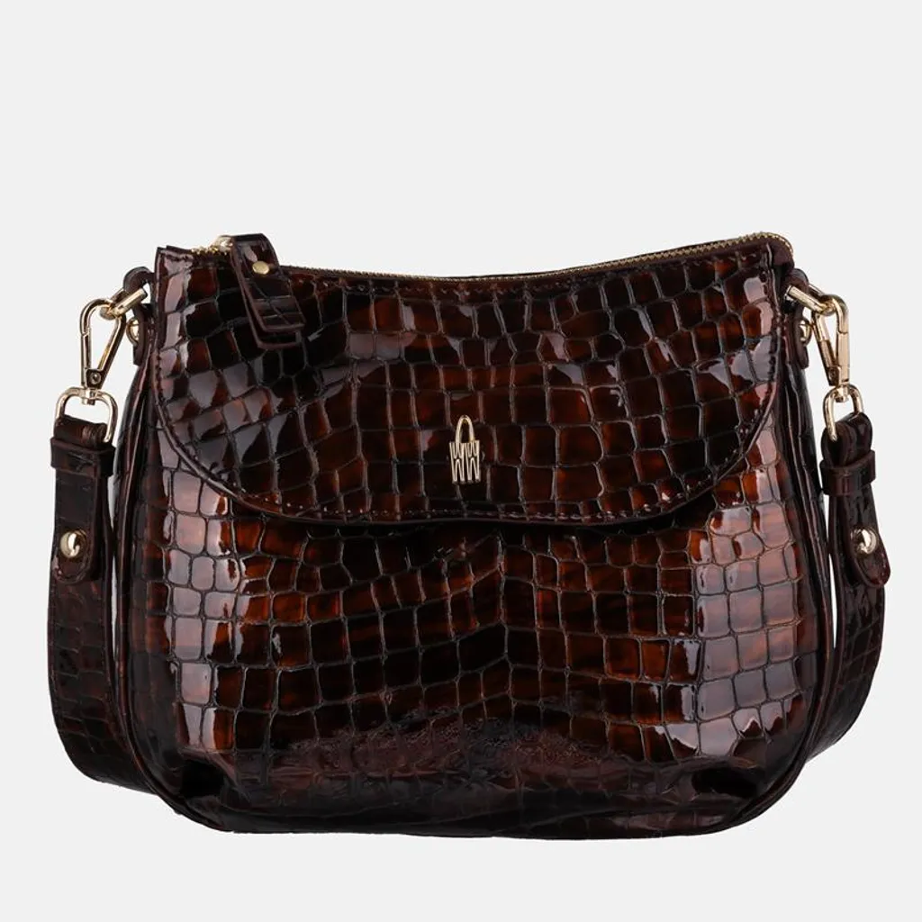 Sac bandoulière croco marron verni MELISSA avec finitions dorées chic