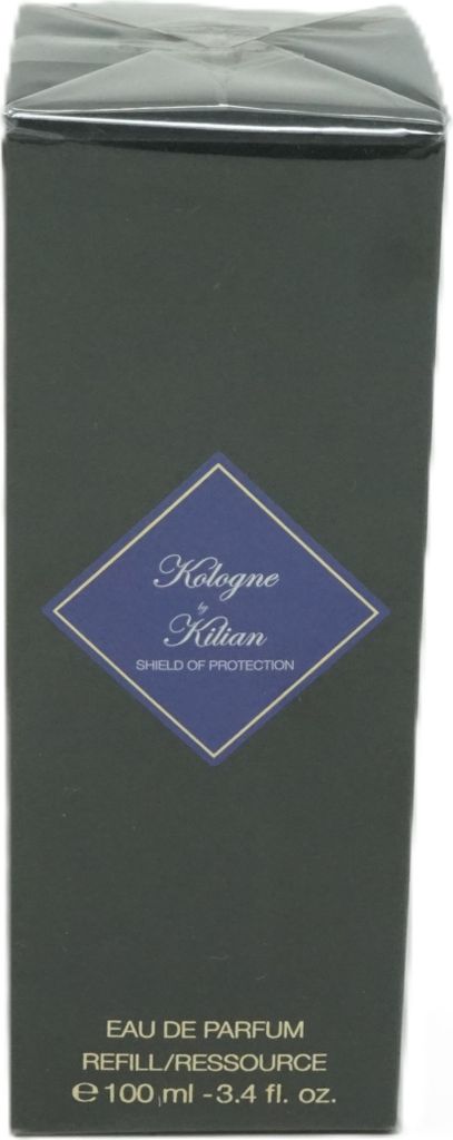 A dark gray box for a perfume refill with a blue diamond-shaped label in the center.