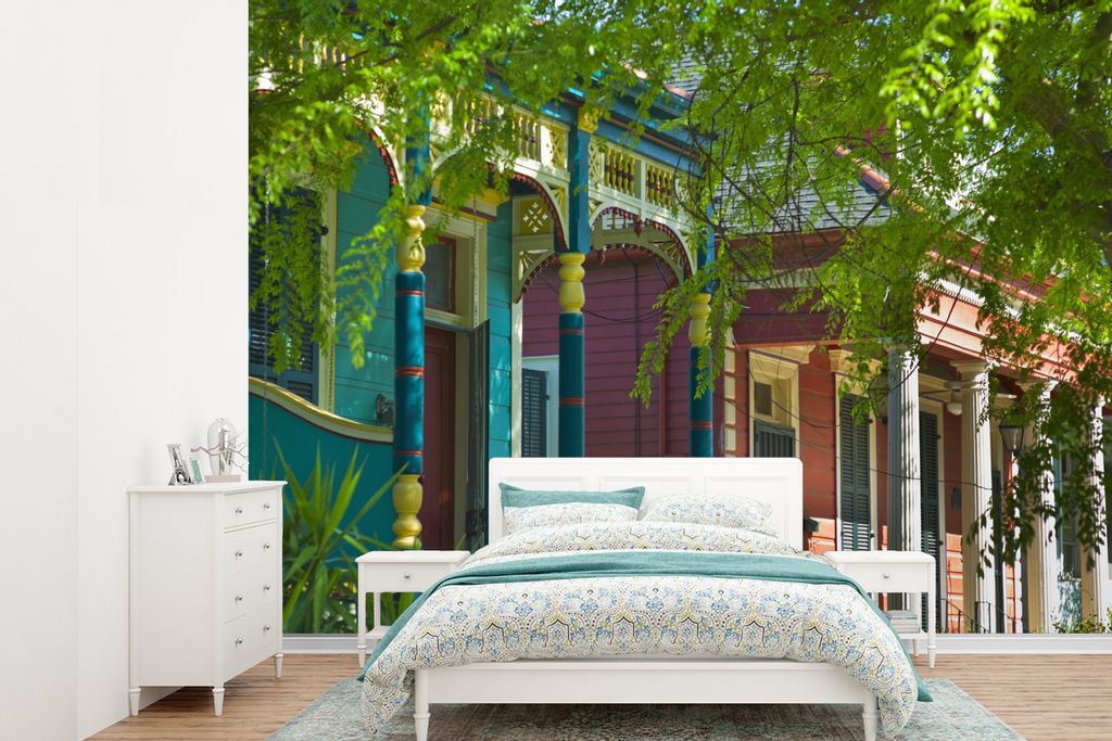 MuchoWow Fototapete für Wohnzimmer oder Schlafzimmer Wandtapete Vinyl Motivtapete Farbige Häuser in New Orleans - 330x240 cm - Vinyltapete
