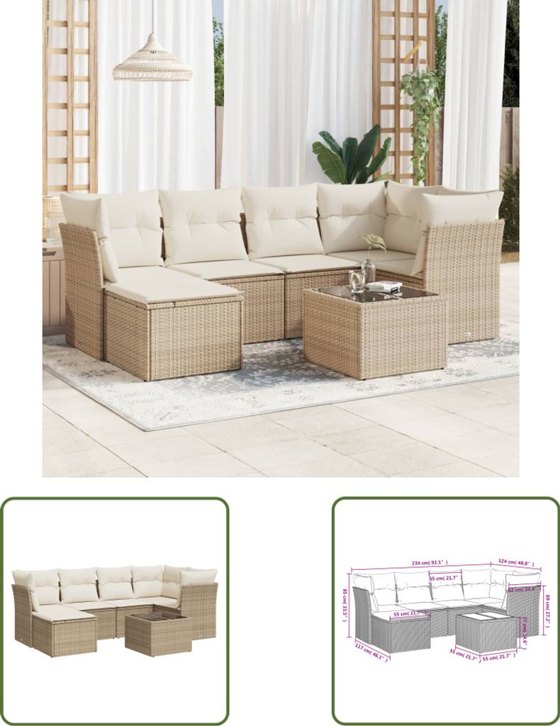 The Living Store 7-tlg. Garten-Sofagarnitur mit Kissen Beige Poly Rattan