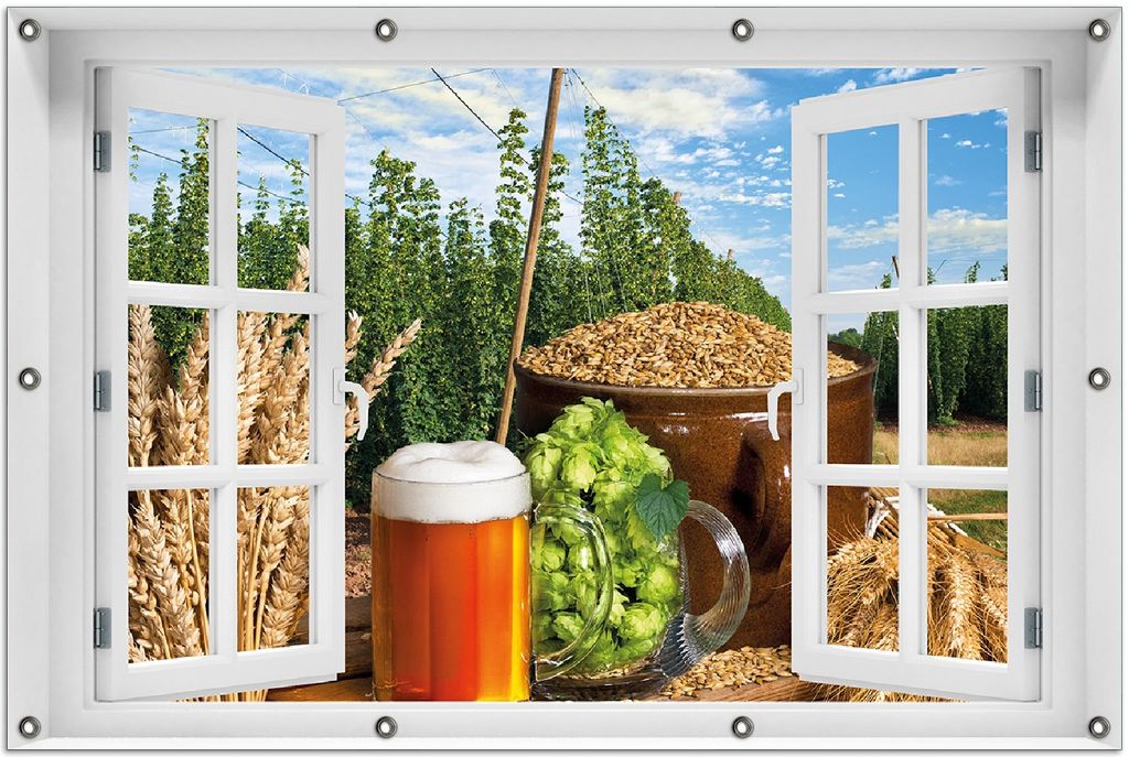 Wallario Outdoor-Poster für Garten oder Balkon 100 x 150 cm: Frisch gezapftes Bier, Hopfen und Malz