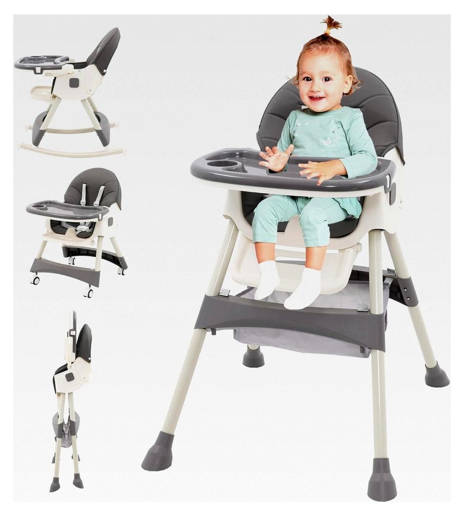 3-in-1 Hochstuhl für Babys mit Liegefunktion, höhenverstellbar, klappbar, Kinderhochstuhl mit Tablett und Rollen, mitwachsend ab 6 Monaten, grau