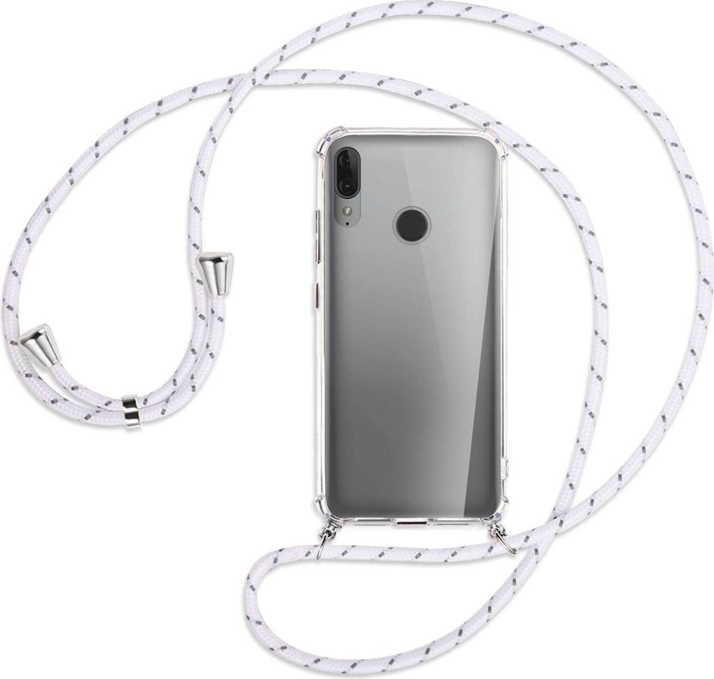 Handykette Backcover-Schutzhülle mit Band (Metall silberfarben) für Motorola Moto E6 Plus - weiß/grau