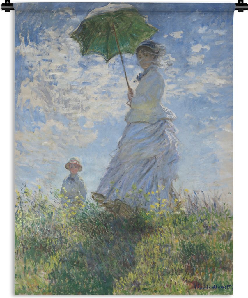 MuchoWow Wandteppich Wandbehang Frau mit Sonnenschirm - Gemälde von Claude Monet 120x160 cm Tapisserie Dekoration Wandtuch - Wohnzimmer - Moderne
