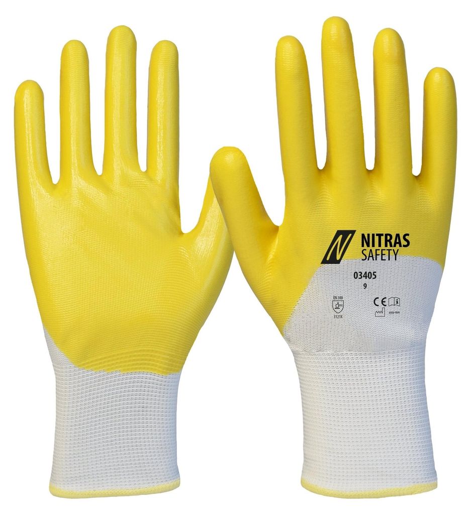 Handschuhe 03405 Gr.9 weiß/gelb PES m.Nitril EN 388 PSA II Produktbild 