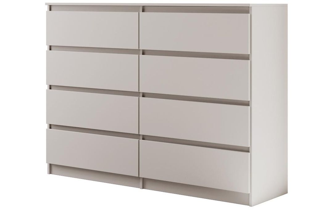 A modern, light gray dresser with eight drawers against a white background.