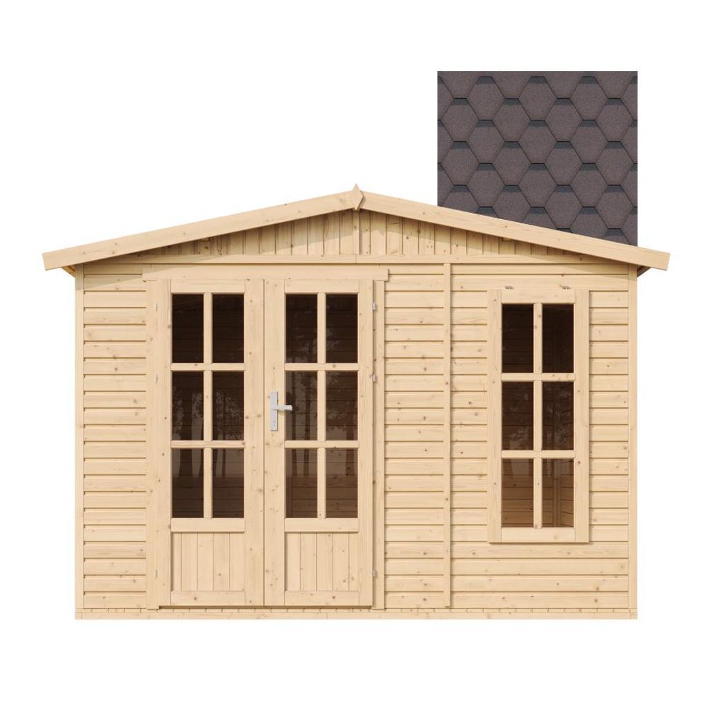 Gartenhaus Holz 6 m2 - H232 x 332 x 222 cm - Große multifunktionale Gartenhütte - Gerätehaus Holz Garten-Studio – Braun bituminöse Schindeln ...