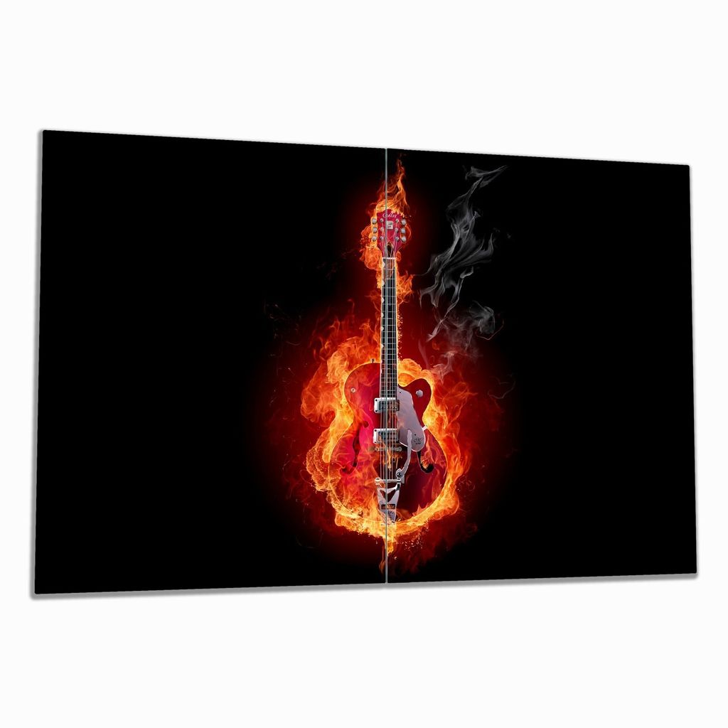 Wallario Herdabdeckplatte aus Glas, Größe 80 x 52 cm 2-teilig, Motiv Brennende Gitarre