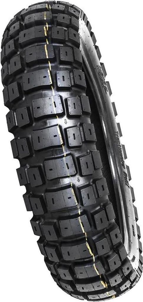 A close-up studio shot of a motorcycle tire against a white background.
