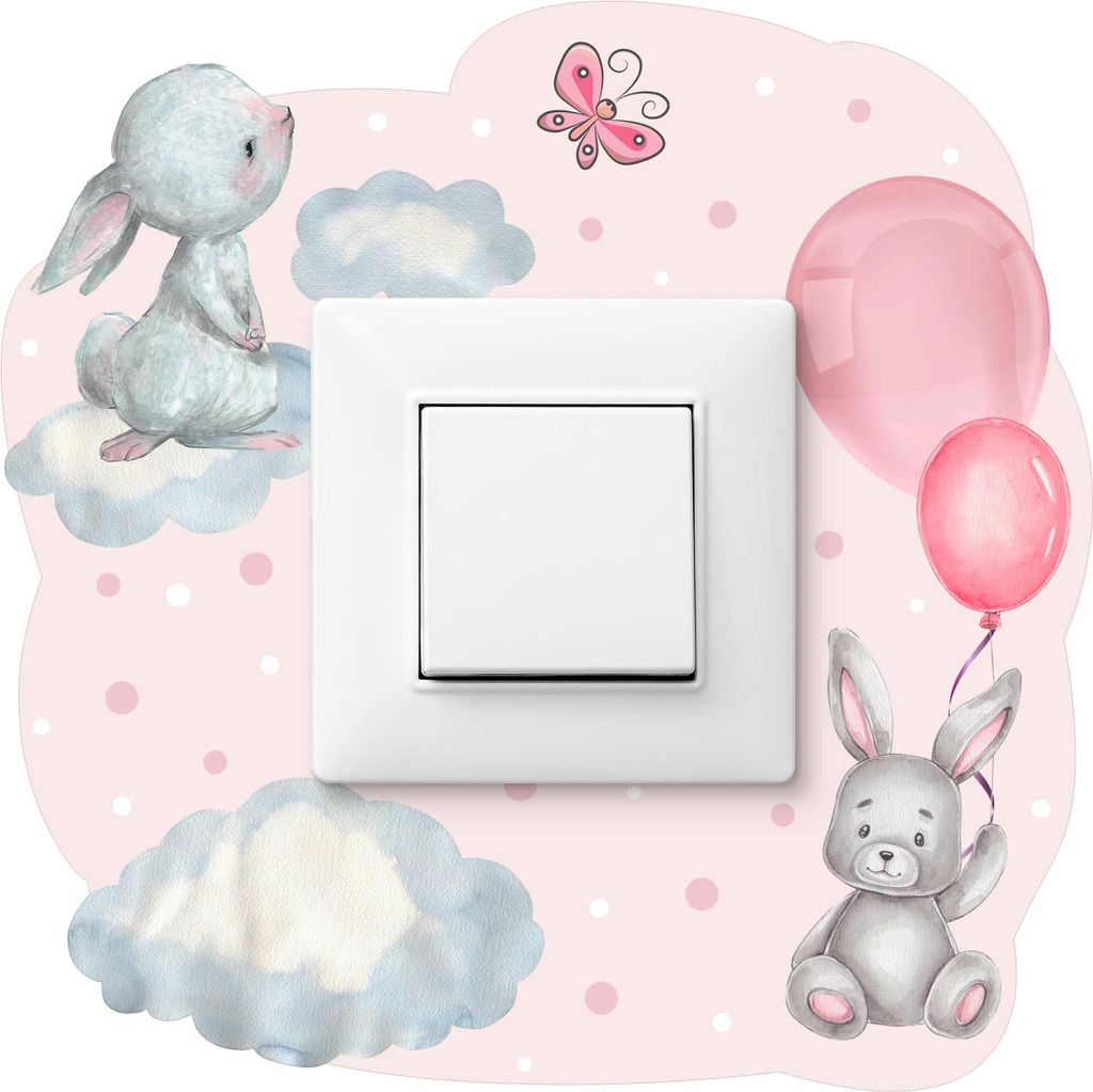 Muralo Wandtattoo-Lichtschalter HÄSCHEN Wolken Ballons Punkte 20x20cm Sticker für Kinderzimmer