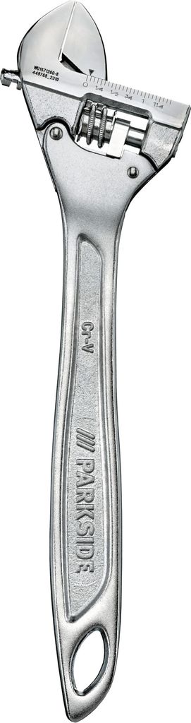 A silver adjustable wrench on a white background.