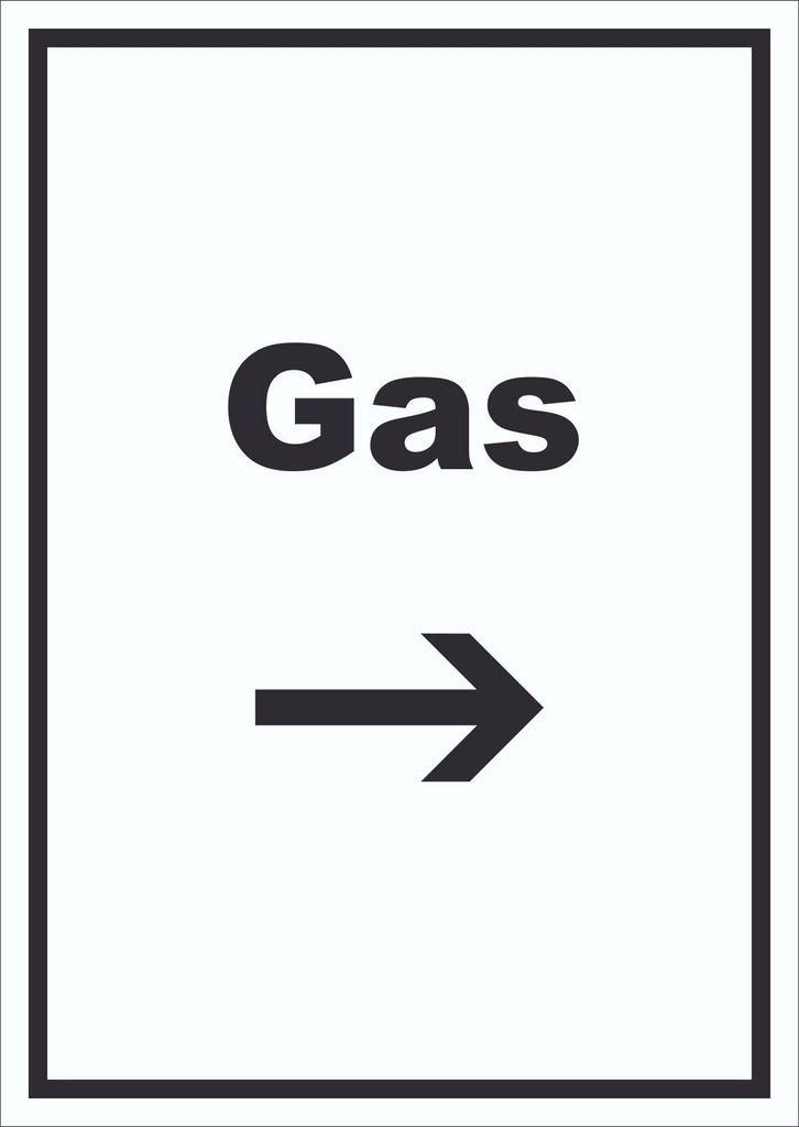 Gas Schild mit Text und Richtungspfeil rechts Anschluss hochkant A1 Rückseite selbstklebend
