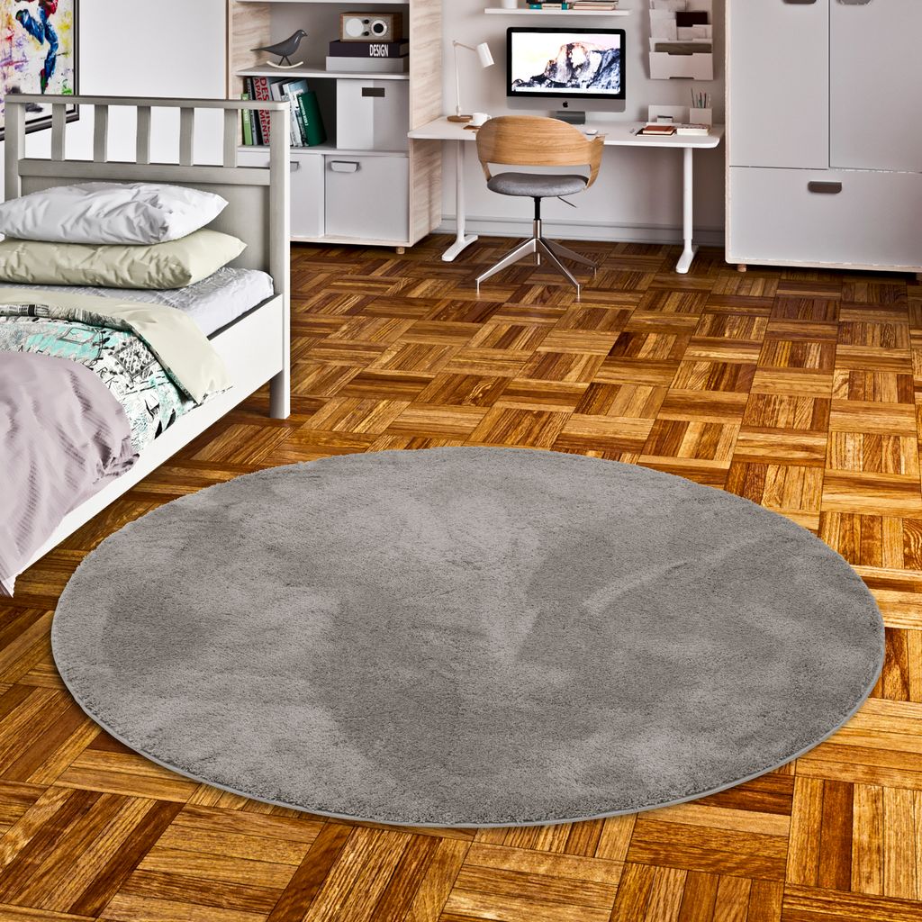 Super Soft Kinder Hochflor Teppich Silky Kids Grau Rund, Größe:200 cm Rund
